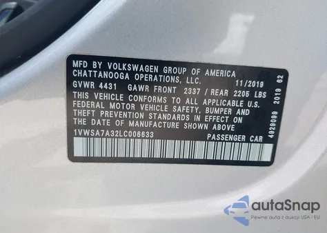 2020 Volkswagen Passat 2.0T Se z USA, uszkodzony, nr VIN 1VWSA7A32LC006633